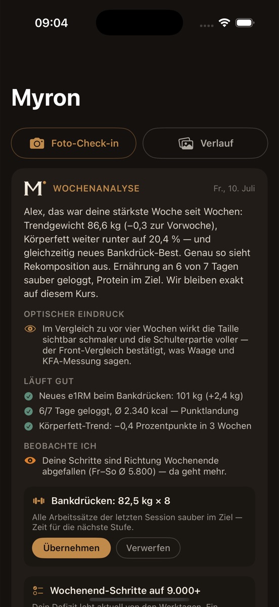 Myron Coach-Screen: Wochenanalyse mit Empfehlungen