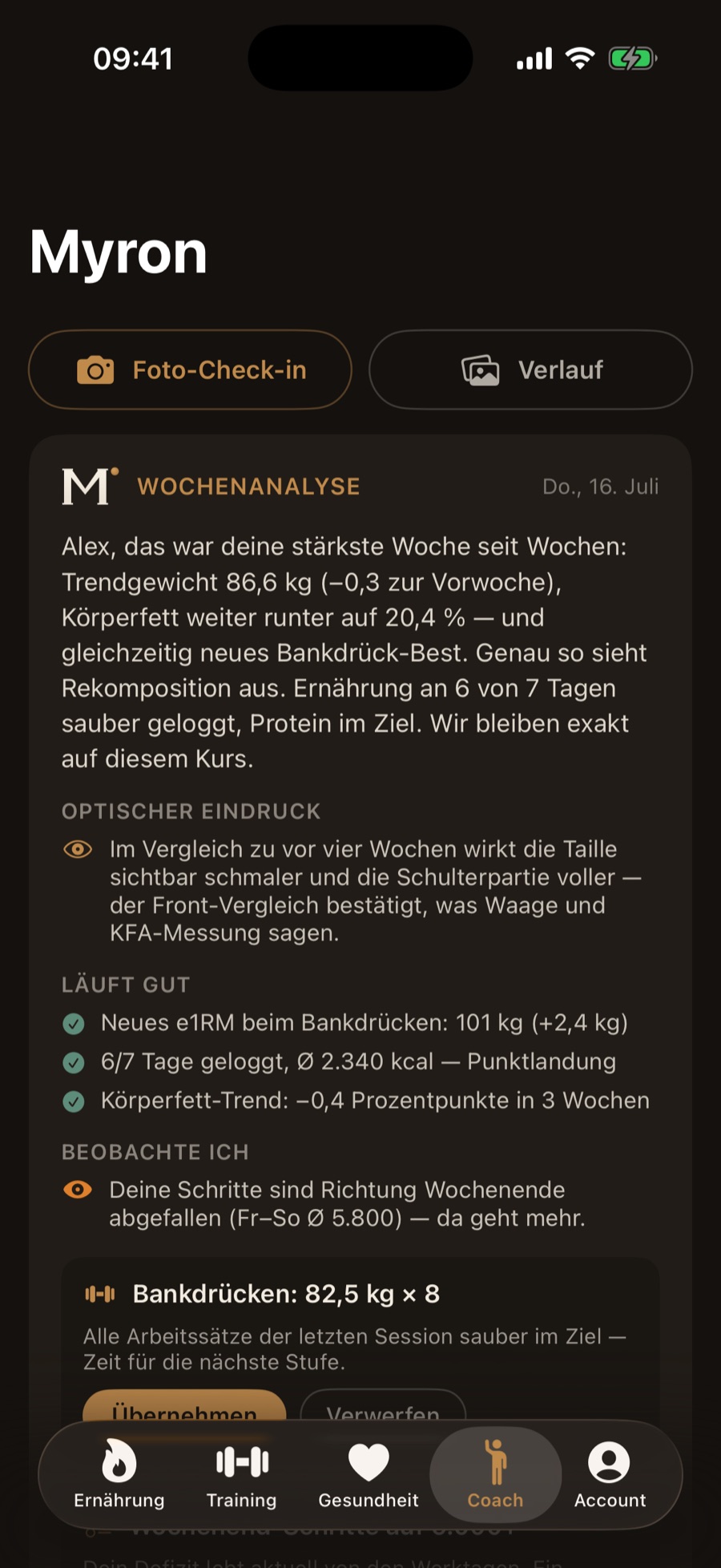 Coach-Screen: Wochenanalyse mit Lob, Beobachtungen und Empfehlung zum Übernehmen