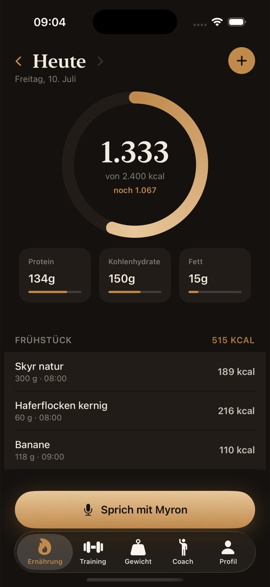 Myron Ernährungs-Screen: Kalorienring, Makros und Mahlzeiten