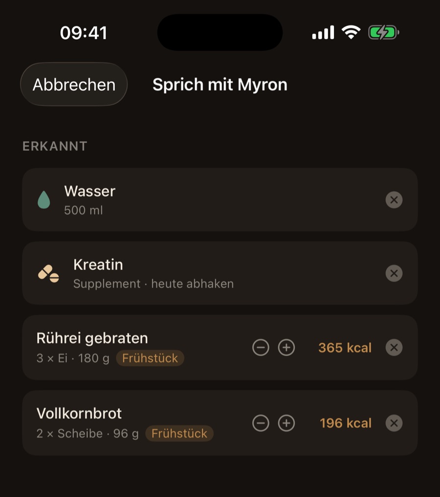 Voice-Logging: gesprochener Satz wird zu erkannten Lebensmitteln mit Portionen und Kalorien