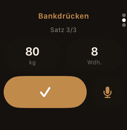 Myron auf der Apple Watch: aktueller Satz mit Gewicht, Wiederholungen und Diktat-Button